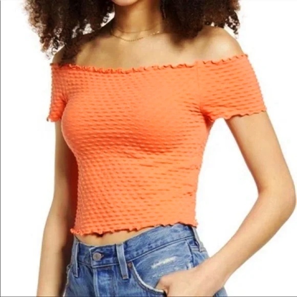 BP. Stretch Knit Top Cotton Shirt Crop Off or On Shoulder Peach Orange NWOT - Picture 1 of 10